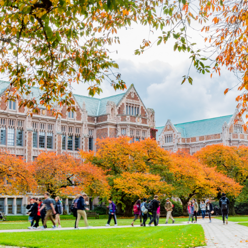 Students walking in the Quad during the fall quarter at the University of Washington Seattle campus