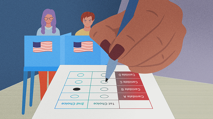 illustration of hand filling out a ballot, with voters in background