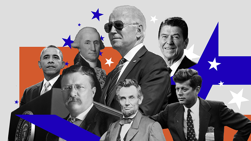 Artwork montage showing seven past presidents