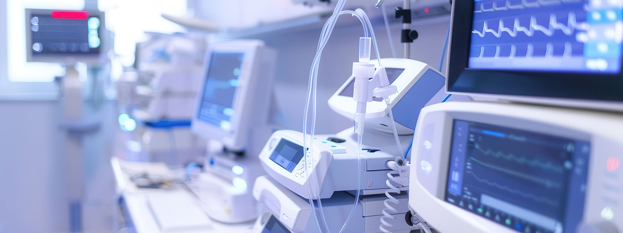 A row of medical equipment in a hospital room