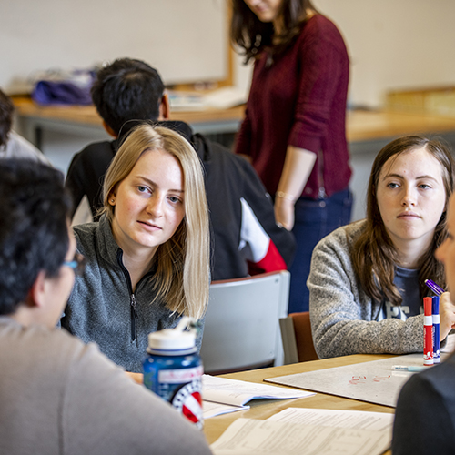 Students working in a group at a table in a classroom