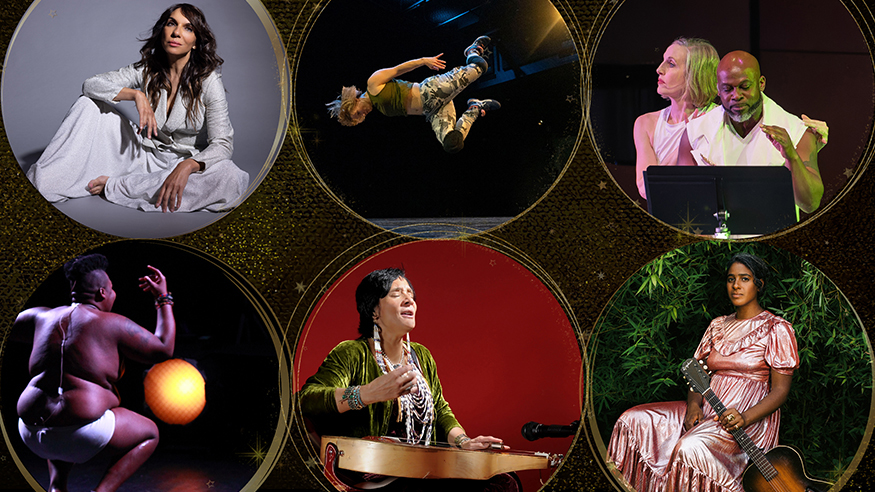 Photos from six Meany Center performances are shown in circular shapes.