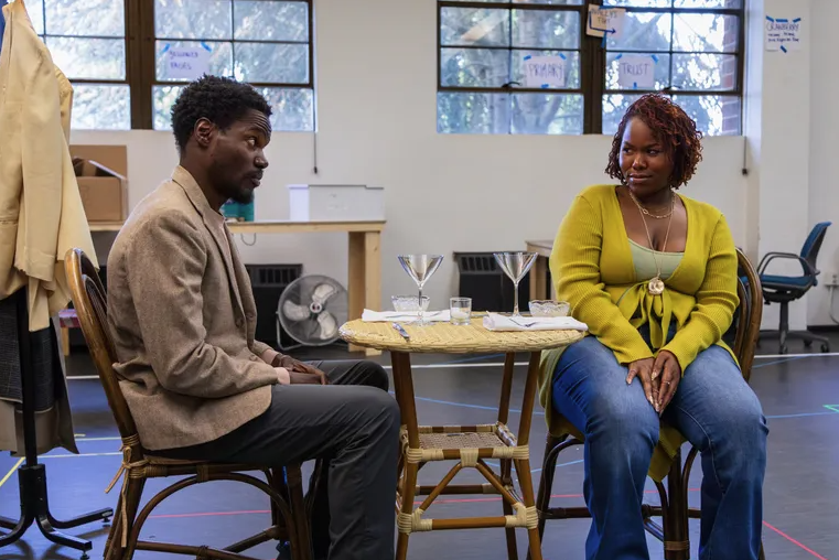 Stephen Tyrone Williams and Allyson Lee Brown in a rehearsal for Primary Trust. (Sayed Alamy / Seattle Repertory Theater)