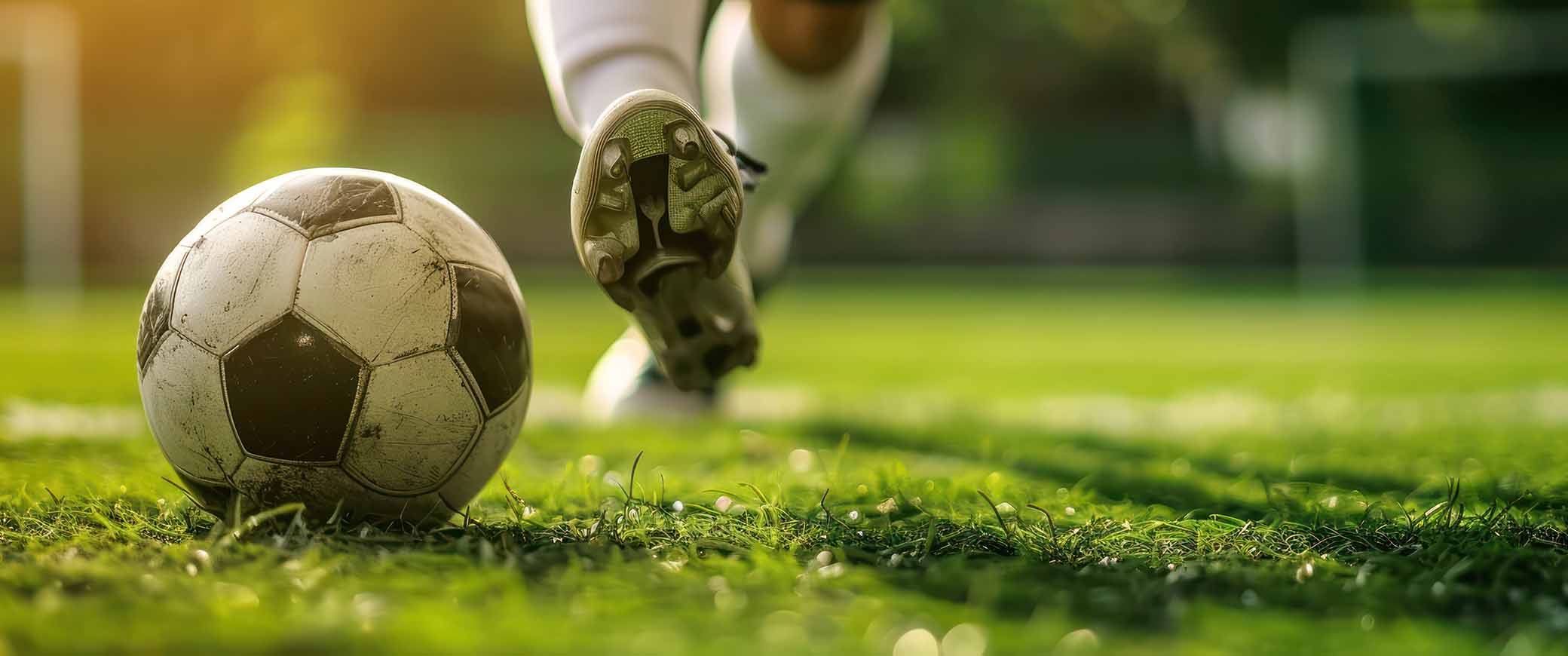 Close up of a foot kicking a soccer ball. 