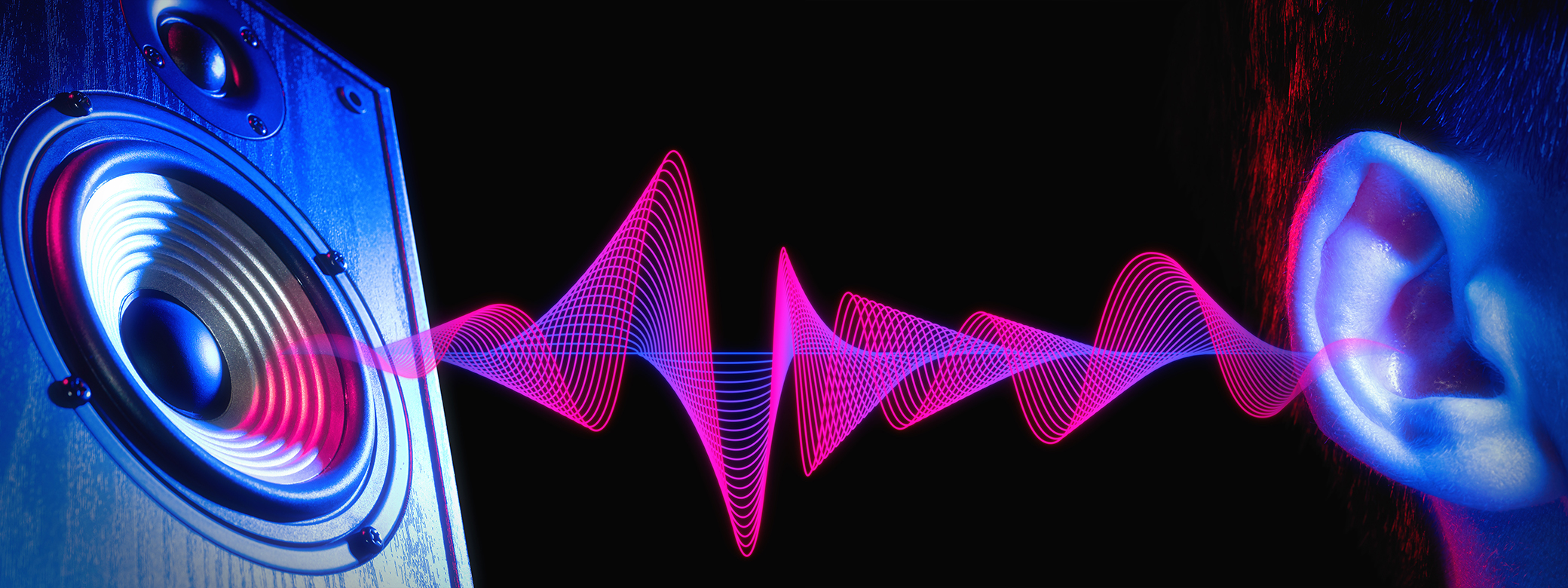 illustration showing sound waves coming out of a stereo speaker and into an ear.