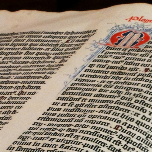 close up a page from a Gutenberg bible.