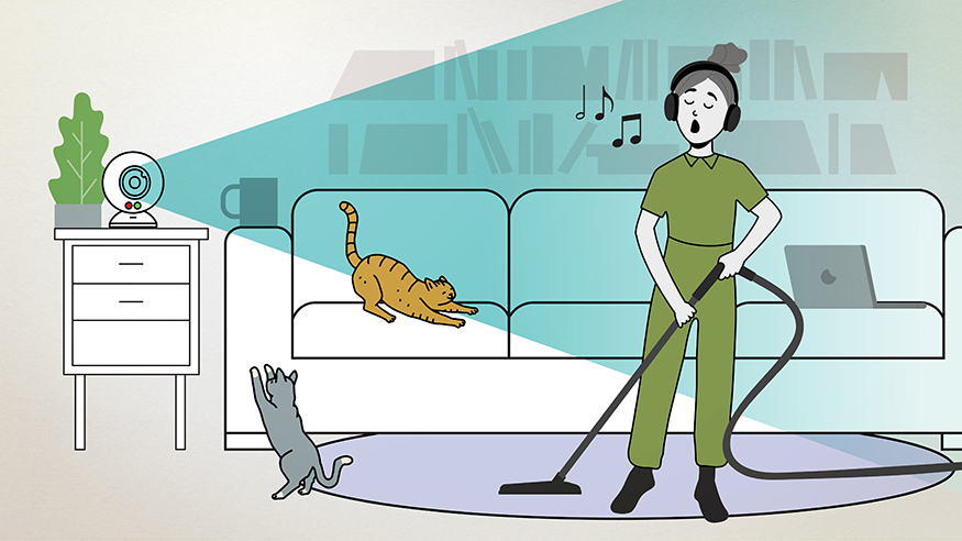 Illustration of someone singing and vacuuming while a surveillance camera in one them. 