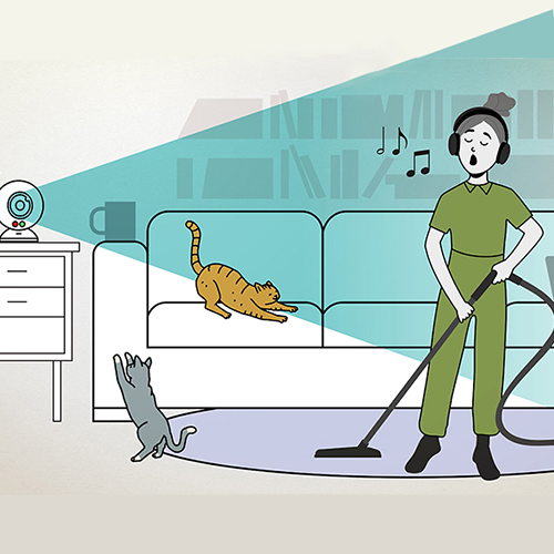 illustration of woman cleaning a house while singing, unaware of a camera pointed at her. 