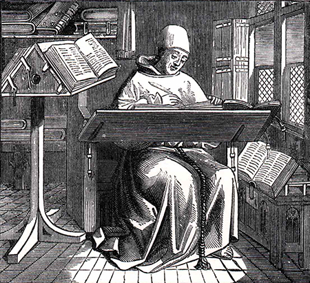 Etching of a medieval monk working in a scriptorium.