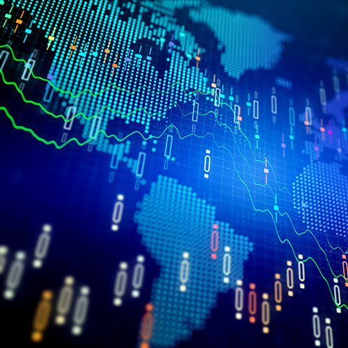 world map on a screen, with data points marked