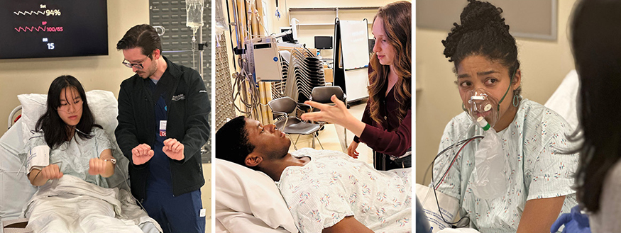 Three photos of neurology residents interacting with different students playing the role of neurology patients. All of the students are in hospital robes and laying down.