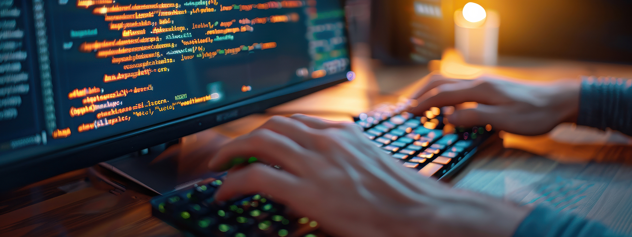 hands typing on a keyboard, with computer code visible on computer screen.