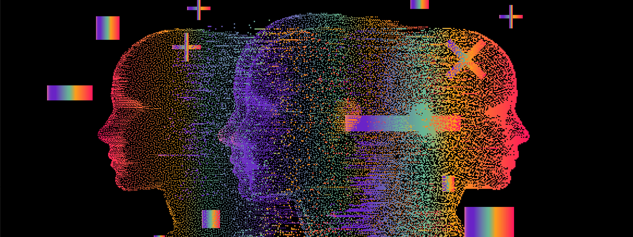 colorful pixelated computerized heads