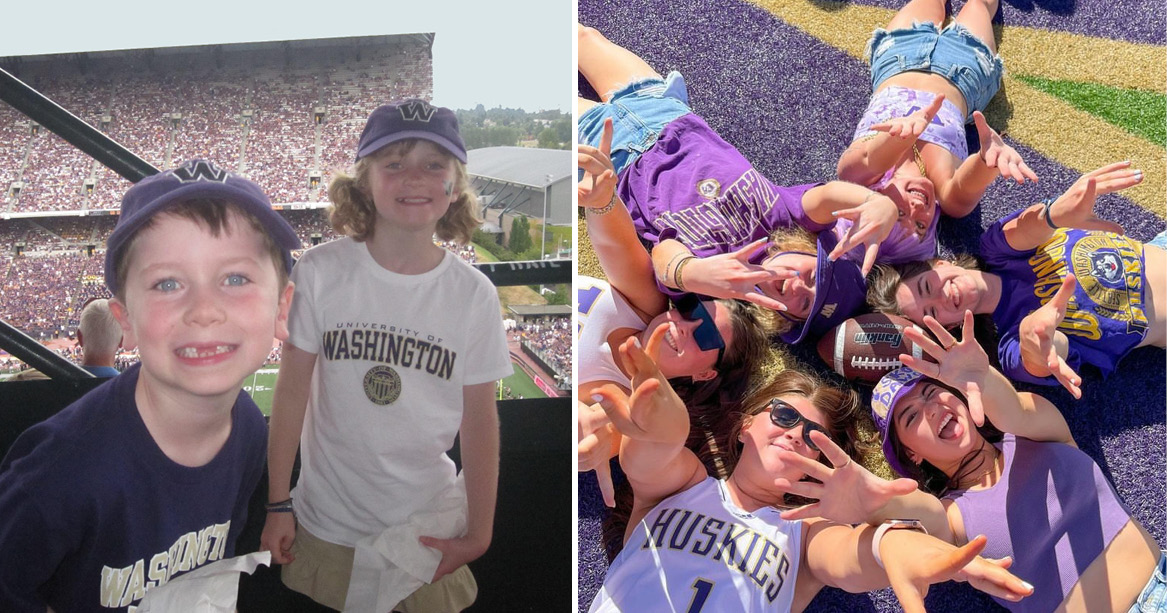 Two photos of Grace Kelly in Husky Stadium, one as a kid with her brother, the other with her sorority sisters.