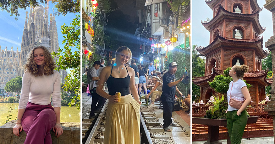 Montage of photos of Grace Kelly during her travels in Vietnam and Spain.