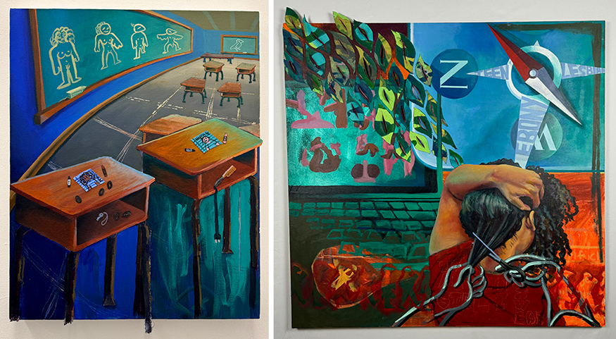 Two artworks by Kyra Wolfenbarger, using bright blues, greens and red.