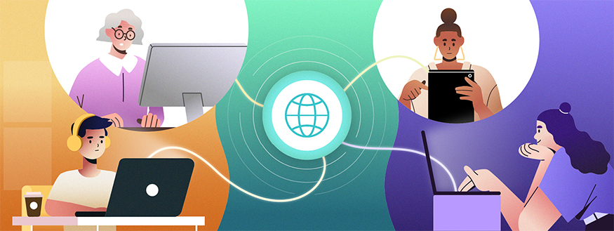 Illustration showing four people in different locations typing information into the world wide web