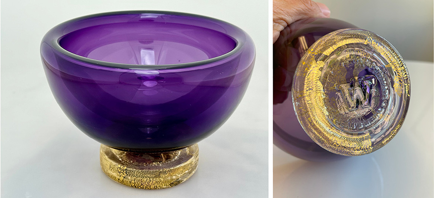 Two photos of a purple blown-glass bowl, one showing the entire bowl and the other showing its base, stamped with a "W" and other text.