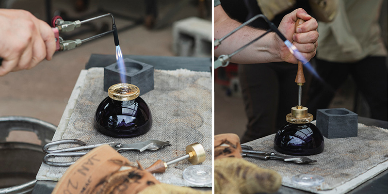 Two photos, showing someone holding a torch to the foot of a bowl, then pressing a metal stamp into the heated foot.