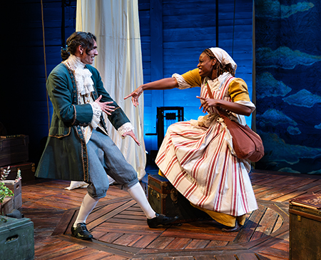 Two actors in 18th century clothing performing on stage