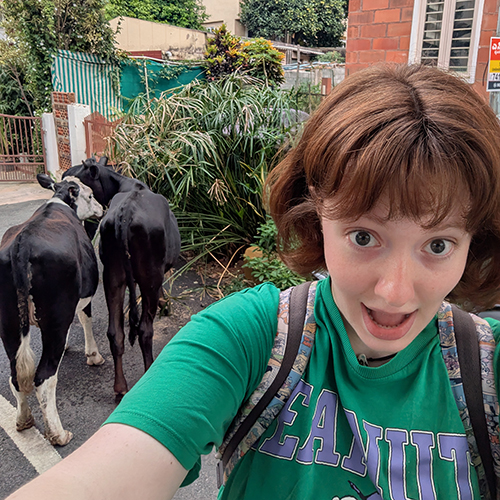 Ellie Hoffman in India, looking surprised by the cows roaming the street behind her.