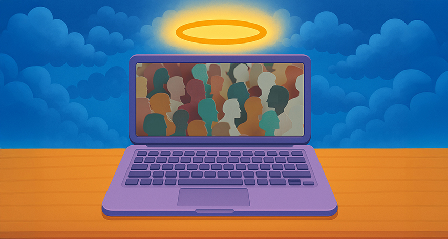 Illustration of a laptop on a table, with an angelic halo above it.