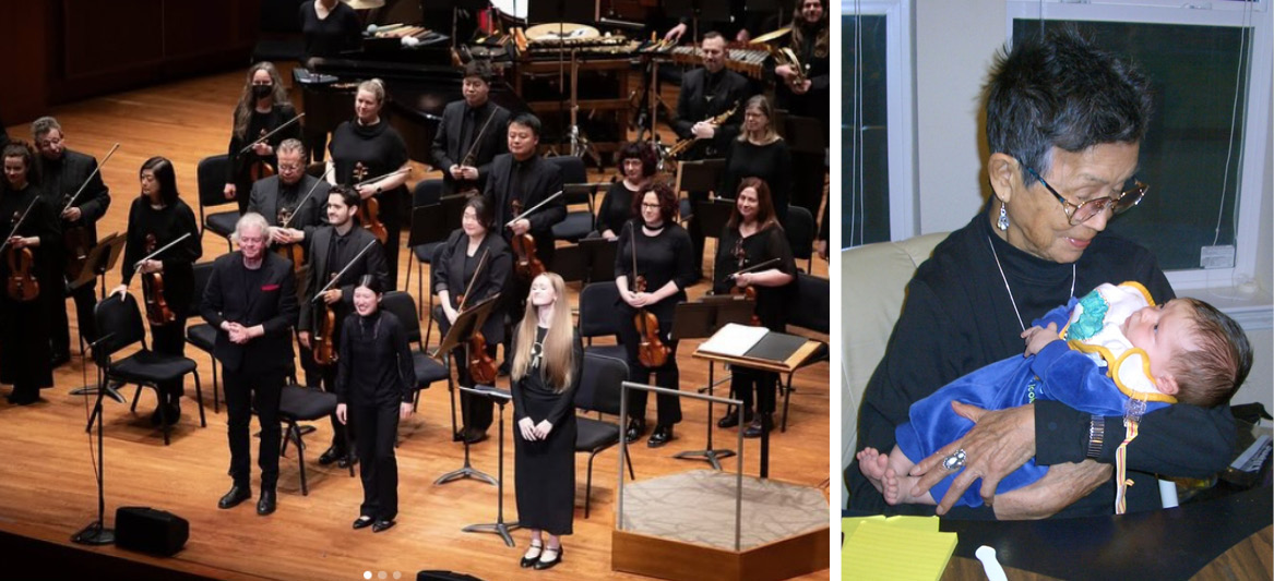 Two photos side by side: Adia Bowen performing with the Seattle Symphony and Vi Hilbert holding 3-week-old Flora Cummings in her arms.