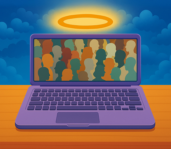Illustration of a laptop on a table, with an angelic halo above it.
