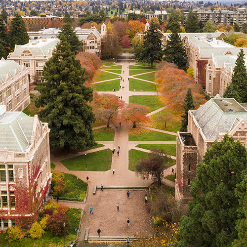 aerial photo of UW quad in fall, with leaves changing color