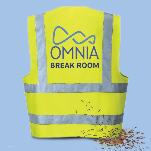 A neon safety vest and text that reads "Omnia Break Room"