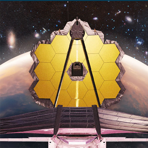 Closeup of a portion of the James Webb telescope.