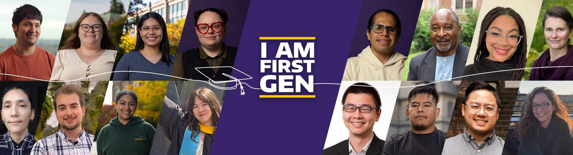 Collage featuring 16 photos of first-gen students, alums, staff, and faculty from the University of Washington College of Arts & Sciences; a "I Am First Gen" logo is in the center with a purple background.