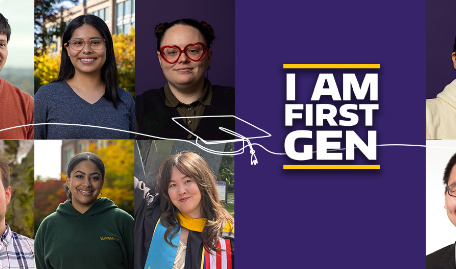 Collage of first-gen individuals from the University of Washington College of Arts & Sciences; on the right is a "I Am First Gen" logo with white text and spirit gold lines above and below the text, over a purple background; a white grad cap doodle aligns the middle of the banner