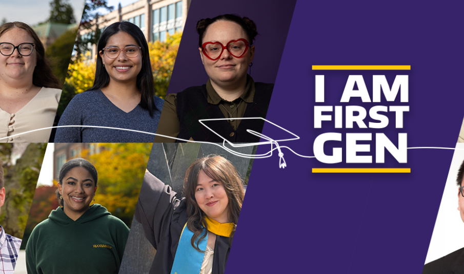 Collage with four first-gen individuals from the University of Washington College of Arts & Sciences; on the right is a "I Am First Gen" logo with white text and spirit gold lines above and below the text over a purple background; a white grad cap doodle aligns the center of the banner