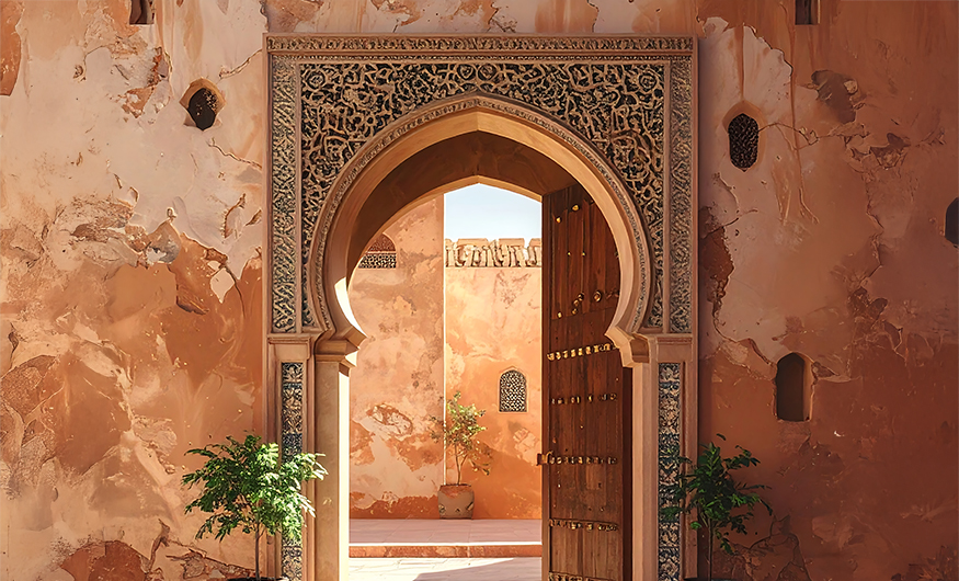 Enormous open doorway with decorative artwork in archway in Morocco, with rough sand-colored walls on either side.  
