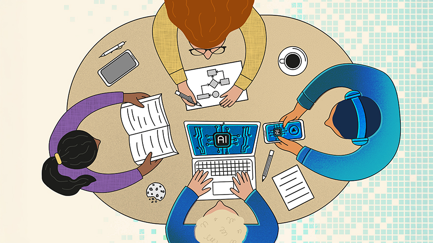 An illustration of four students sitting around a desk, some of whom are using AI
