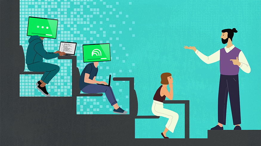 Illustration of classroom with teacher in front and students at desks, with some students' heads replaced by computer monitors.