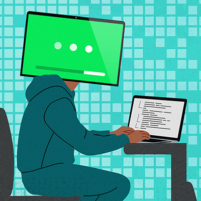Illustration of student in a classroom with a computer monitor replacing his head. 