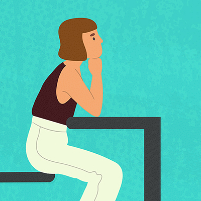 Illustration of a student sitting in a classroom desk, looking straight ahead.