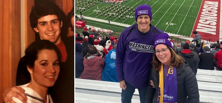 An college photo and a recent photo of Sheila and David Roe