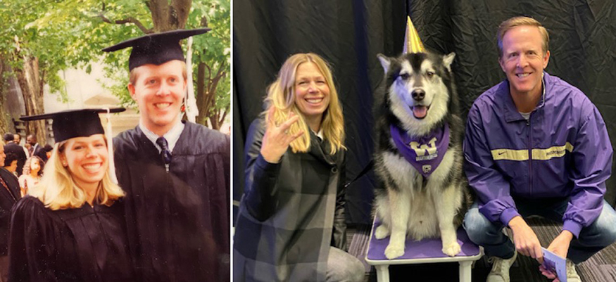 Jennifer and Phillip Yerkes in graduation caps and gowns, and more recently with Dubs.