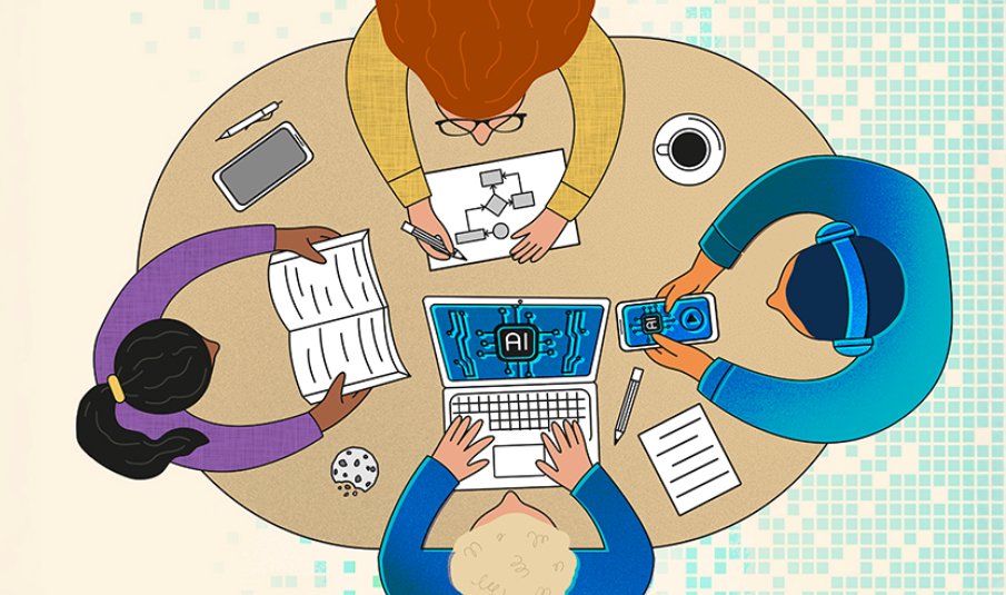 Four students working together at a table using a variety of things including a laptop, phone, book, and paper; Illustration by Jessica Castillo