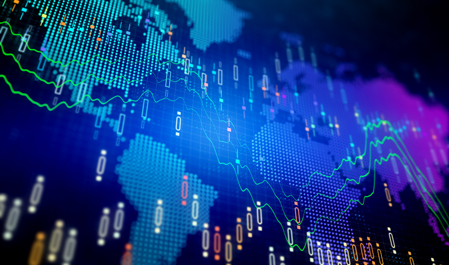 Digital display of blue, green, and other colorful lines