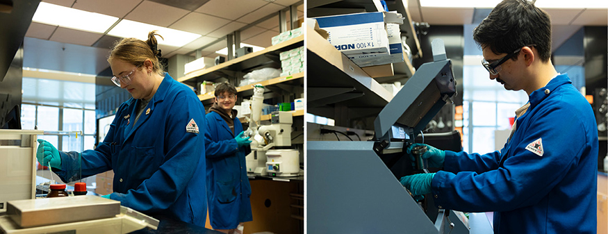 Side-by-side photos of students in blue lab coast working in a chemistry lab.