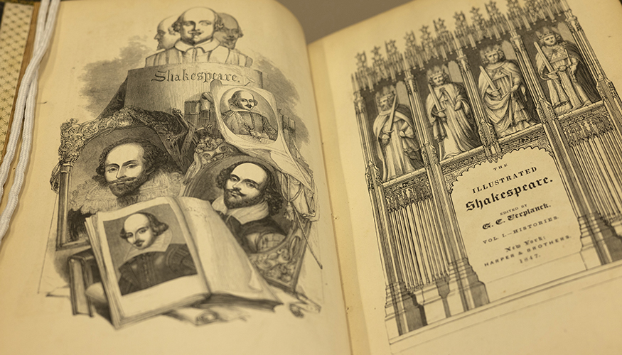 Illustrated title page and illustrated facing page from a 19th-century edition of Shakespeare's plays.