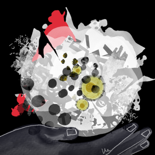 Artwork with a hand holding a jumble of white, black, red, and green abstract art elements