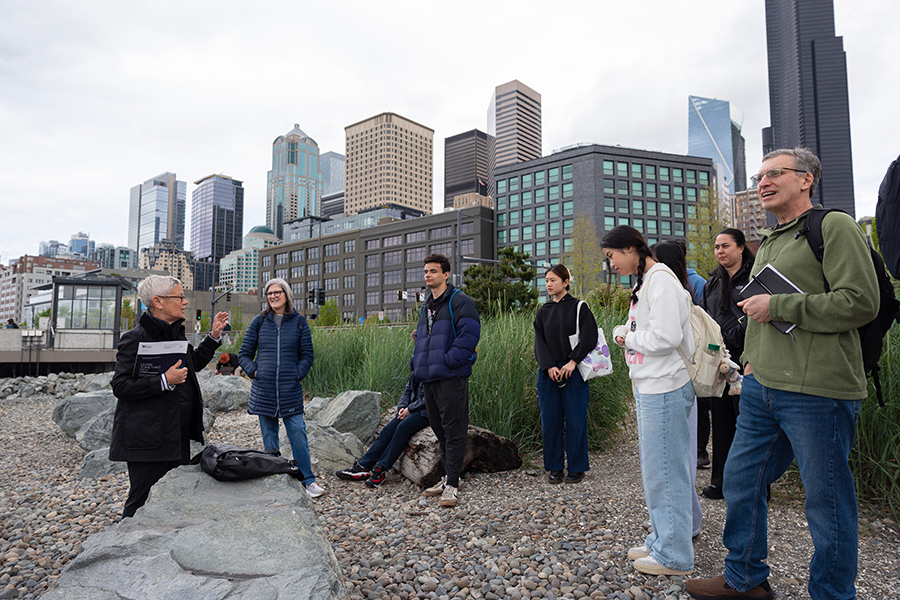 Students participating in the Curiosity Clinic tour downtown Seattle.