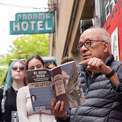 Students tour Seattle's Chinatown-International District with author Frank Abe.