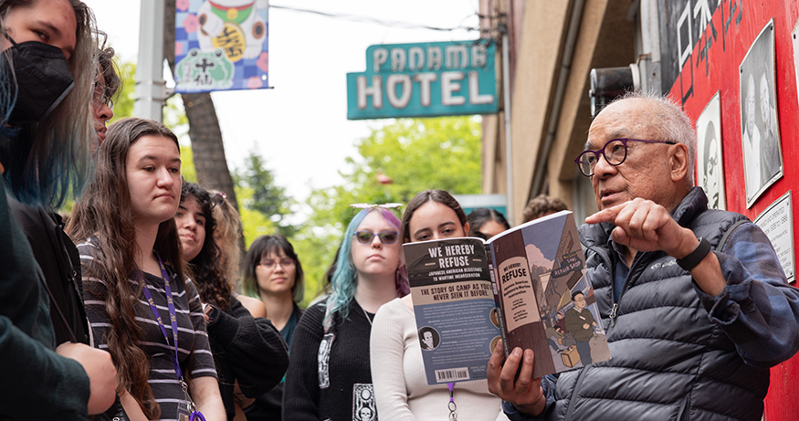 Students tour Seattle's Chinatown-International District with author Frank Abe.