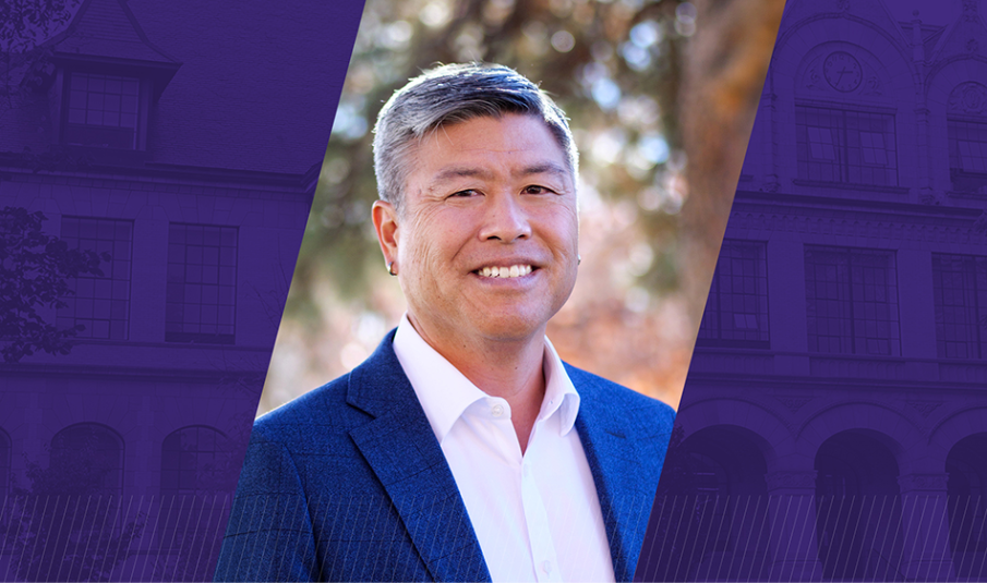 Headshot photo of Daryl Maeda over a purple backdrop with a faint image of Denny Hall